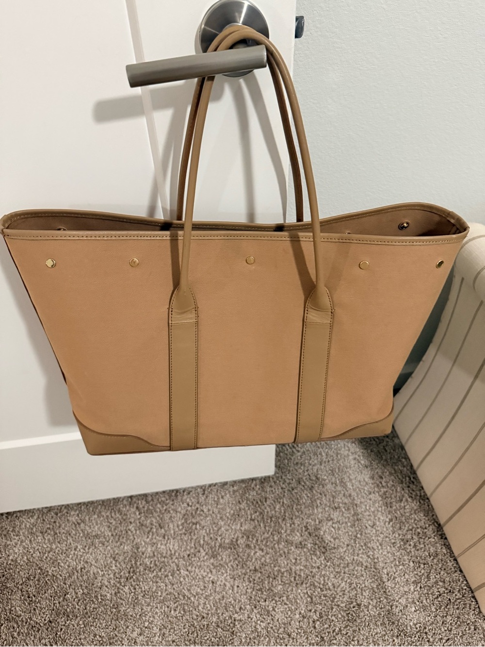 Martha Stewart Classic Tan Canvas Tote Bag with Leather Trim